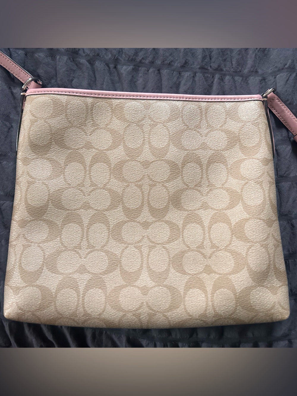 Coach Beige Signature Crossbody with Pink Trim